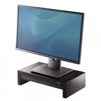 Fellowes computermonitorstandaard met 3 hoogtestanden - Designer Suites monitorverhoging met opbergvak - ergonomische verstelbare monitorstandaard voor computer - max. gewicht 18 kg / max. grootte 21 inch - zwart/parelwit