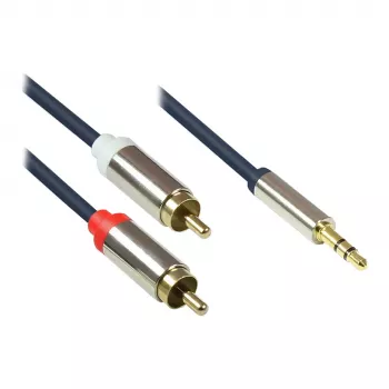 Audio-aansluitkabel High-Quality 3,5mm, jackstekker naar 2x RCA-stekker, volledig metalen behuizing, donkerblauw, 3m, Good Connections (GC-M0060)