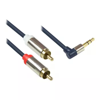 Audio-aansluitkabel High-Quality 3,5mm, jackstekker haaks rechts naar 2x RCA-stekker, volledig metalen behuizing, donkerblauw, 3m, Good Connections (GC-M0066