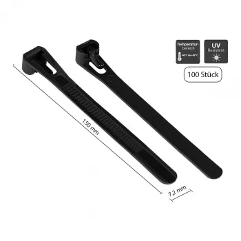 Herbruikbare kabelbinder 150 mm x 7,2 mm, zwart, UV-bestendig, -40 °C tot +85 °C, 100 stuks (KAB-R15S72)