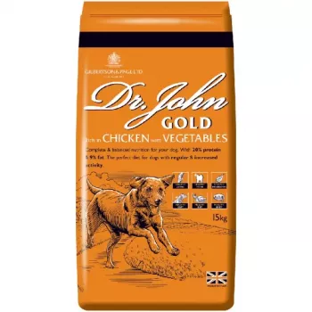 Droogvoer voor honden Dr. John Gold kip 15 kg zak — volwassen, 20% eiwit, 9% vet, gewrichtsondersteuning