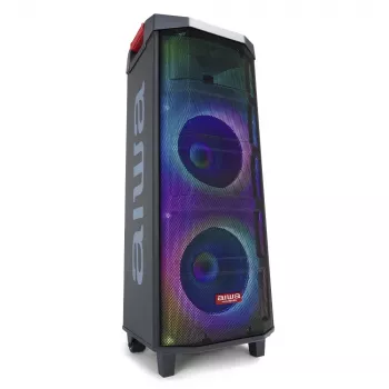 AIWA Power Audio Speaker KBTUS-710MKII 700W draagbare partyluidspreker met Bluetooth, USB, SD, AUX, FM-radio, LED-verlichting, trolleygreep, wielen, afstandsbediening, microfoon