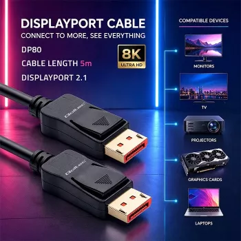Qoltec DisplayPort v2.1 kabel stekker naar stekker 8K 54G 5m zwart