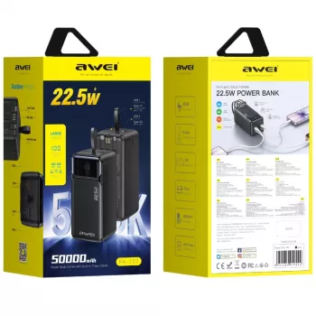 AWEI PA-107 powerbank 50000mAh 22.5W PD 3xUSB zwart