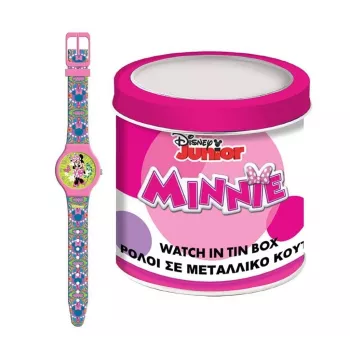 PULIO Analoog horloge in blikken doos - Disney Minnie Mouse, roze PU-lederen band, quartz uurwerk, 30mm metalen kast, spatwaterdicht, meisjes vanaf 6 jaar