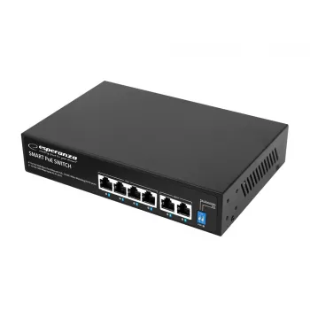 ESPERANZA 6-poorts PoE+ Gigabit switch 65W GOLIATH (4 PoE+ poorten, 2 uplinks, 12 Gbps, ventilatorloos metaal)