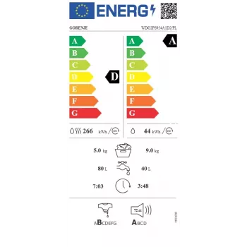 Gorenje WDG2PS954A1D2/PL wasmachine met droger, 9 kg wassen / 6 kg drogen, 1400 tpm, energie-efficiëntieklasse A, wit