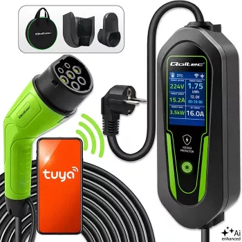 Qoltec draagbare EV-oplader Type 2 naar Schuko 3,5 kW 16 A 5 m kabel met Wi-Fi en LCD