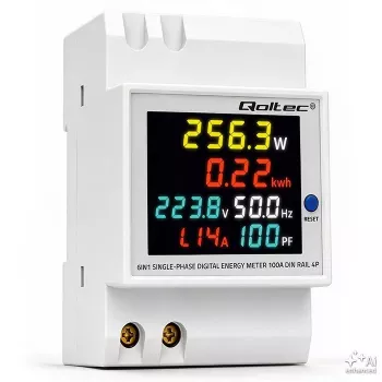 Qoltec Eenfasige 6-in-1 energiemeter voor DIN-rail met 100A CT, 230V, LCD, pulsuitgang