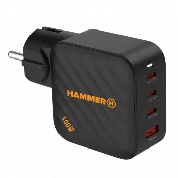 HAMMER RapidCharge 100W GaN-voeding, 2x USB-C PD 100W + 1x USB-A QC 30W, zwart