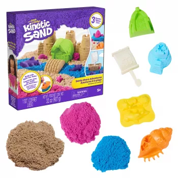 Kinetic Sand Beach Adventure set - 907g zand in 3 kleuren met vormpjes, gereedschap en speelbak