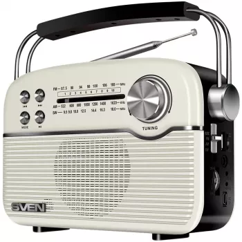 SVEN SRP-500 Draagbare Bluetooth-luidspreker, wit (3W, FM/AM/SW-radio, USB, microSD, AUX, accu)