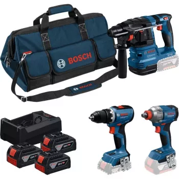 BOSCH Power Tools 18V Professional comboset: boorhamer GBH 18V-22 + boormachine GSR 18V-65 + slagmoersleutel GDX 18V-285 (blauw/zwart, 3x 5,0 Ah Li-Ion accu's, gereedschapstas)