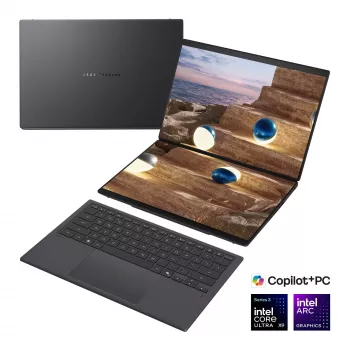 ASUS Zenbook Duo UX8407AA-SN066W 14 inch OLED-touchscreen 3K 144Hz laptop, Intel Core Ultra 9 388H, 32GB LPDDR5X, 2TB SSD, Intel Arc Graphics, Windows 11 Home, Moher Gray
