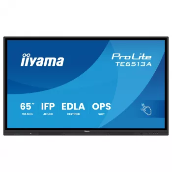 IIYAMA ProLite TE6513A-B3AG 65-inch 4K UHD IPS LED interactief touchdisplay met IR-touch, 20-punts touch, Android, 400 cd/m², 8 ms, HDMI, DisplayPort, USB-C, VGA, LAN, Wi-Fi, Bluetooth, VESA 600x400, zwart