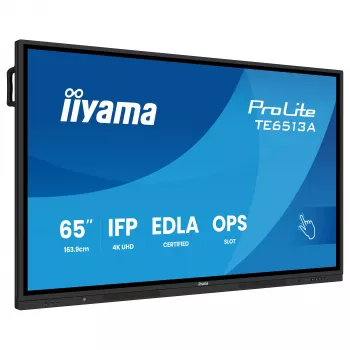 IIYAMA ProLite TE6513A-B3AG 65-inch 4K UHD IPS LED interactief touchdisplay met IR-touch, 20-punts touch, Android, 400 cd/m², 8 ms, HDMI, DisplayPort, USB-C, VGA, LAN, Wi-Fi, Bluetooth, VESA 600x400, zwart