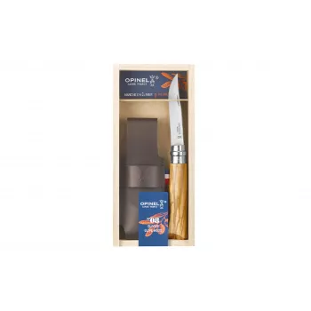OPINEL No. 08 olivenhouten zakmes met lederen foedraal in geschenkdoos