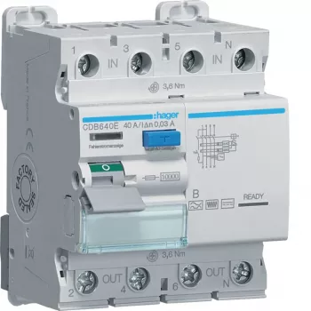 Hager aardlekschakelaar 4-polig 10kA 40A 30mA type B CDB640E