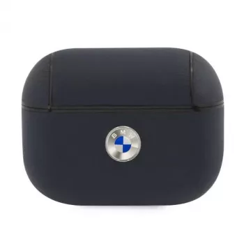 BMW AirPods Pro hoesje marineblauw van echt leer zilverkleurig logo