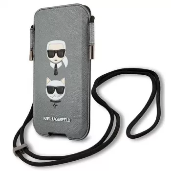 Karl Lagerfeld Ikonik hardcase voor Apple iPhone 12 Pro Max, grijs Saffiano PU, Karl & Choupette Head-design