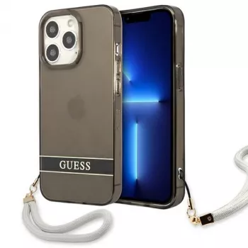 Guess GUHCP13LHTSGSK transparante hardcase met handkoord voor Apple iPhone 13 Pro / iPhone 13, zwart
