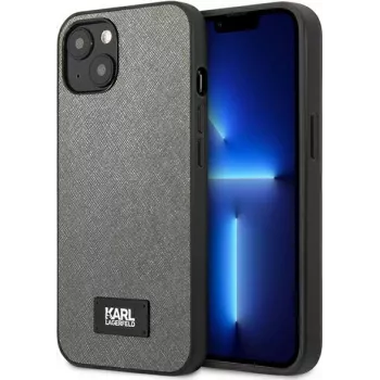 Karl Lagerfeld KLHCP13MSFMP2DG Saffiano Plaque hardcase voor iPhone 13/14/15 6,1 inch - zilver
