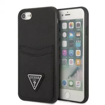 Guess GUHCI8PSATPK hardcase voor iPhone 7/8/SE 2020/SE 2022 - zwart Saffiano met driehoeklogo en kaartvak