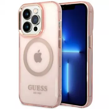 Guess Gold Outline Translucent MagSafe case voor iPhone 14 Pro Max 6,7 inch roze hardcase