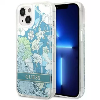 Guess GUHCP14SLFLSN Flower Liquid Glitter Hard Case voor Apple iPhone 13 / 14 / 15 6,1 inch - groen