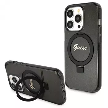 Guess GUHMP13XHRSGSK iPhone 13 Pro Max 6,7 inch zwarte hardcase ringstandaard Script Glitter MagSafe