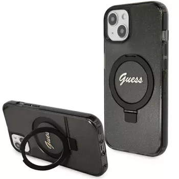Guess GUHMP14SHRSGSK iPhone 14 / 15 / 13 6,1 inch zwarte hardcase ringstandaard Script Glitter MagSafe