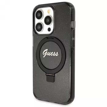 Guess GUHMP14LHRSGSK iPhone 14 Pro 6.1 hardcase ringstandaard Script Glitter MagSafe zwart