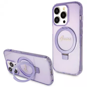 Guess GUHMP13XHRSGSU iPhone 13 Pro Max 6,7 inch paarse hardcase met ringhouder Script Glitter MagSafe