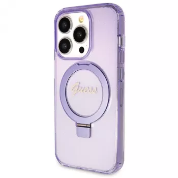 Guess GUHMP14LHRSGSU iPhone 14 Pro 6.1 hardcase ringstandaard Script Glitter MagSafe paars