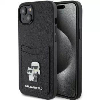 Karl Lagerfeld KLHCP15SSAPKCNPK iPhone 15 / 14 / 13 6.1 zwarte hardcase Saffiano kaartvak Karl & Choupette metalen pin