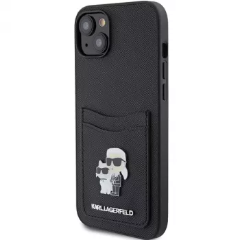 Karl Lagerfeld KLHCP15SSAPKCNPK iPhone 15 / 14 / 13 6.1 zwarte hardcase Saffiano kaartvak Karl & Choupette metalen pin