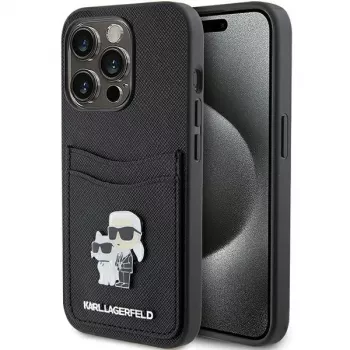 Karl Lagerfeld KLHCP15LSAPKCNPK iPhone 15 Pro 6.1 zwarte hardcase Saffiano kaartvak Karl & Choupette metalen pin