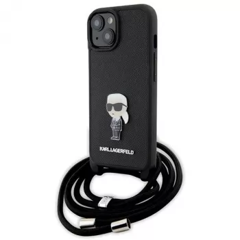 Karl Lagerfeld KLHCP15SSASKNPSK iPhone 15/14/13 6,1 inch hardcase zwart crossbody Saffiano Monogram metaalspeld Karl & Choupette