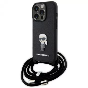 Karl Lagerfeld KLHCP15LSASKNPSK iPhone 15 Pro 6.1 hardcase zwart crossbody Saffiano Monogram metalen pin Karl & Choupette