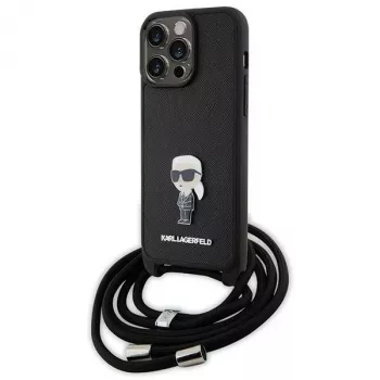 Karl Lagerfeld KLHCP15XSASKNPSK hardcase voor iPhone 15 Pro Max 6,7 inch zwart crossbody Saffiano Monogram metaalspeld Karl & Choupette