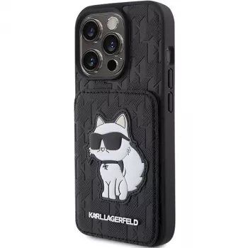 Karl Lagerfeld KLHCP15XSAKCNSCK iPhone 15 Pro Max 6,7 zwart hardcase Saffiano kaartvakken en standaard Monogram Choupette