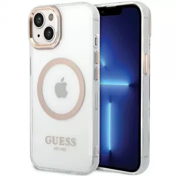Guess GUHMP15MHTRMD Metal Outline hardcase voor iPhone 15 Plus / 14 Plus 6,7 inch goud met MagSafe