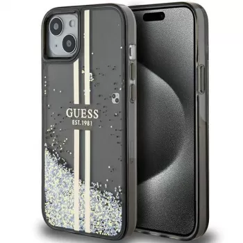 Guess GUHCP15MLFCSEGK Liquid Glitter Gold Stripes hardcase voor iPhone 15 Plus / 14 Plus 6,7 inch - zwart