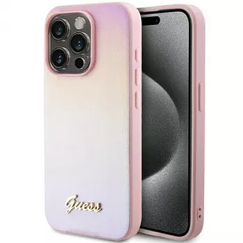 Guess GUHCP15XPSAIRSP Saffiano Iridescent Script hardcase voor Apple iPhone 15 Pro Max 6,7 inch - roze