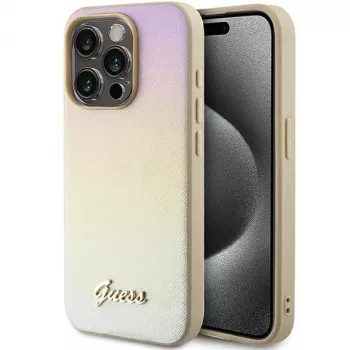 Guess GUHCP15XPSAIRSD Saffiano Iridescent Script hardcase voor iPhone 15 Pro Max, goud