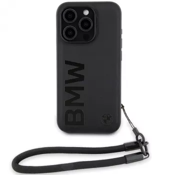 BMW Signature Leather Hard Case voor iPhone 15 Pro Max 6,7 inch zwart met koord