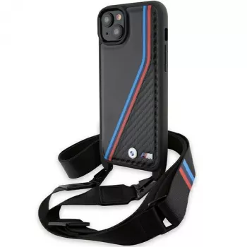 BMW BMHCP15S23PSVTK iPhone 15 / 14 / 13 zwart hardcase M Edition Carbon Tricolor Lines & Strap