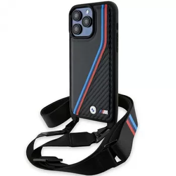 BMW M Edition Carbon Tricolor Lines Hard Case voor Apple iPhone 15 Pro 6,1 inch zwart met draagband