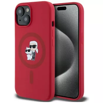 KARL LAGERFELD silicone hoes voor iPhone 15 met MagSafe en ringhouder - Karl & Choupette Heads - rood