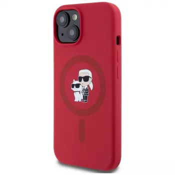 KARL LAGERFELD silicone hoes voor iPhone 15 met MagSafe en ringhouder - Karl & Choupette Heads - rood